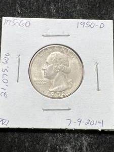 lot 43 image: 1950-D US WASHINGTON QUARTER MS60