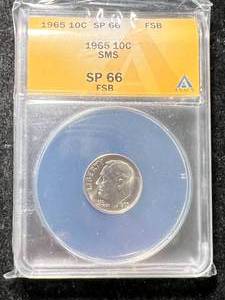lot 44 image: 1965 US ROOSEVELT DIME ANACS SP66 FSB