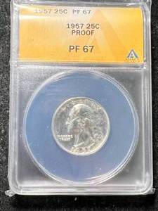 lot 57 image: 1957 US PROOF WASHINGTON QUARTER ANACS PF67