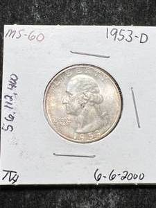 lot 64 image: 1953-D US WASHINGTON QUARTER MS60