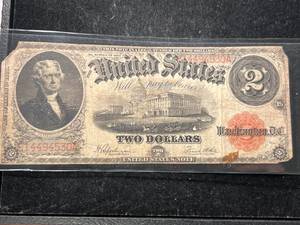 lot 65 image: 1917 US RED SEAL $2 LARGE SIZE NOTE