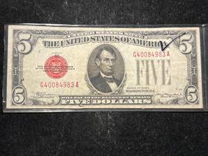 lot 70 image: 1928C US RED SEAL $5 BILL
