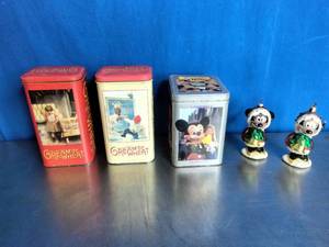 lot 25 image: 3 Vintage Tins and 2 Vintage Micky Mouse Ornaments
