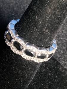 lot 11 image: Rhodium Over Sterling Silver 5mm x 3mm Oval Black Onyx and Lab-Created White Sapphire Accent Ring