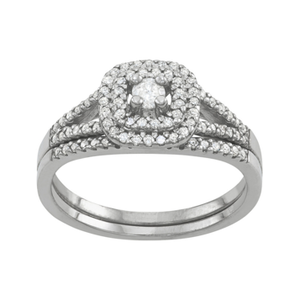 lot 1 image: Tiara Rhodium Over Sterling Silver 12 ct tw Diamond Double Halo Bridal Ring Set - Size 10