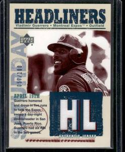 lot 117 image: Vladimir Guerrero 100 Game-Used Jersey Relic 2003 Upper Deck Headliners #HL-VG Numbered 057100 Baseball Card