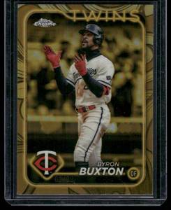 lot 119 image: Byron Buxton 99 Gold Refractor 2024 Topps Chrome Gilded #117 Numbered 6299 Minnesota Twins Baseball Card