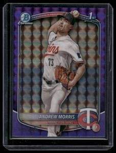 lot 167 image: Andrew Morris 250 Bowman Chrome 1st Purple Refractor 2025 #BCP-90 Minnesota Twins Baseball Card Numbered 145250