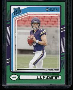 lot 188 image: JJ McCarthy RC Green Press Proof 2024 Donruss Rated Rookie #303 Minnesota Vikings Football Card