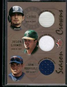 RARE Ichiro Suzuki / Ivan Rodriguez / Jason Giambi /100 Triple Relic 2002 Fleer Season Crowns Numbered 020/100 Baseball Card