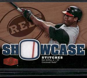 lot 60 image: Ken Griffey Jr. Game-Used Relic 206 Flair Showcase Stitches #SS-KG Baseball Card
