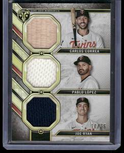lot 116 image: Minnesota Twins Triple Relic 25 - Carlos Correa, Pablo Lopez, Joe Ryan 2024 Topps Triple Threads Relic Combo Card #RCC-CLR