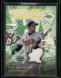 lot 144 image: John Smoltz Game-Work Jersey 2003 Topps Chrome Record Breakers #CABA-JS Baseball Card