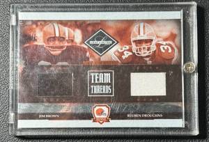 lot 13 image: Jim Brown  Reuben Droughns Game-Work Relic 100 2006 Donruss Playoff Leaf Limited Team Threads #TTC-8 Football Card