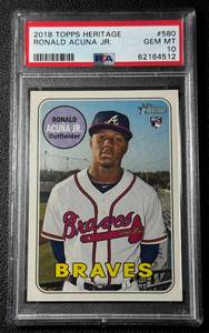 lot 38 image: Ronald Acuna RC PSA 10 Gem Mint 2018 Topps Heritage #580 Rookie Baseball Card