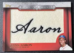 lot 40 image: Hank Aaron History Stitched 2012 Topps Commemorative Patch Card #HS-HA Baseball Card