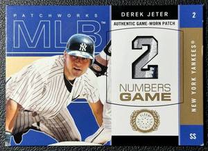 lot 45 image: Derek Jeter Game-Worn Tri-Color Patch 300 2003 Fleer Numbers Game #DJ-NM Numbered 202300 Baseball Card