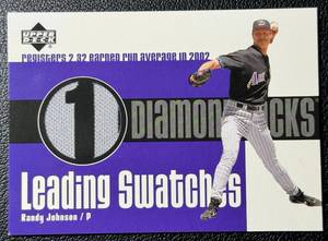 lot 52 image: Randy Johnson Game-Worn Jersey Relic 2003 Upper Deck Leading Swatches #LS-RJ1 Baseball Card