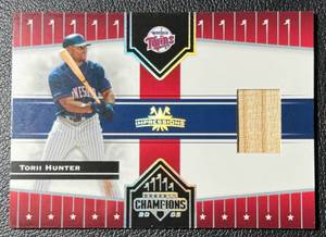lot 75 image: Torii Hunter Game-Used Bat Relic 2005 Donruss Champions #301 Minnesota Twins Baseball Card