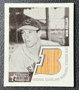lot 111 image: Bob Feller Original Cleveland Municipal Stadium Seat Relic 2001 Bowman Heritage #BHM-BF Baseball Card