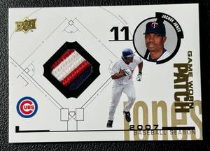 lot 114 image: Jacque Jones Game-Worn Tri-Color Patch 2008 Upper Deck 98-JJ Minnesota Twins Baseball Card