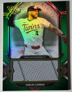 lot 122 image: Carlos Correa 27 Jumbo Relic 2024 Topps Triple Threads #SJR-CCG Numbered 2527 Minnesota Twins Baseball Card