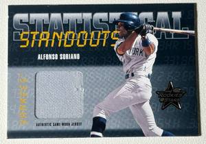 lot 141 image: Alfonso Soriano Game-Worn Jersey 2002 Leaf Donruss Statistical Standouts #SS-47 Baseball Card