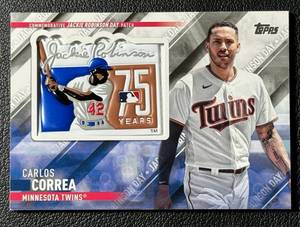 lot 157 image: Carlos Correa Commemorative Jackie Robinson Patch 2022 Topps #SEP-CC Minnesota Twins Baseball Card