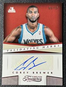 lot 206 image: Corey Brewer Auto 99 2013-14 Timeless Treasures Validating Marks #19 Numbered 6699 Minnesota Timberwolves Basketball Card