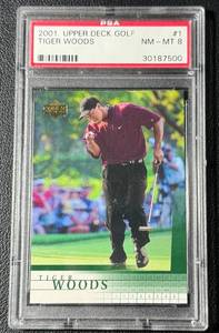 lot 244 image: Tiger Woods PSA 8 NM-MT RC 2001 Upper Deck Golf #1 Rookie Card
