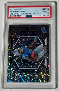 lot 260 image: Jahmyr Gibbs RC PSA 9 Mint 2023 Mosaic NFL Debut Silver No Huddle #ND10 Rookie Football Card