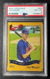 lot 299 image: Joe Mauer Gold RC PSA 8 NM-MT 2002 Topps #622 Rookie Minnesota Twins Baseball Card