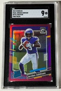 lot 304 image: Jordan Addison SGC 9 Mint PinK Prizm 2023 Donruss Optic Preview #368 Rookie Minnesota Vikings Football Card