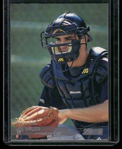 lot 23A image: Joe Mauer RC 2002 Topps Stadium Club #107 Rookie Minnesota Twins Baseball Card