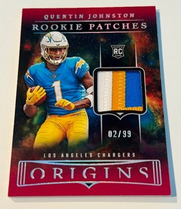 lot 287A image: Quentin Johnston RC Tri-Colored Patch 99 2023 Origins Rookie Patches #RP-QJ Football Card Numbered 0299
