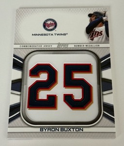 lot 78A image: Byron Buxton Commemorative Jersey Number Medallion 2022 Topps #JNM-BBU Minnesota Twins Baseball Card
