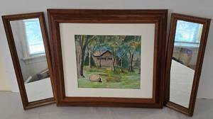 lot 238 image: Michael Latessa Original Watercolor & Pair of Framed Mirrors