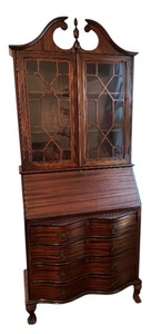 lot 10 image: Vintage Secretary Bookcase with Glass Doors and Serpentine Drawers