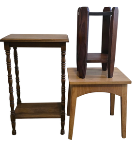 lot 265 image: Three Vintage Wooden Display ShelvesStools