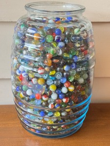 lot 3A image: Large Glass Jar Filled with Assorted Vintage Marbles  13.5 Glass Jar Filled with Marbles