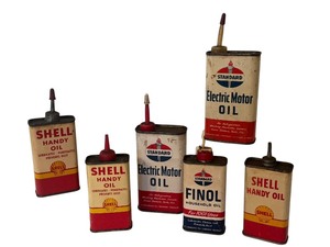 lot 14 image: Set of 6 Vintage Oil Cans Shell and Standard Electric Motor Household