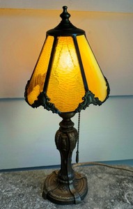 lot 39 image: Vintage Boudoir Lamp with Amber Glass Shade and Ornate Metal Base