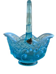 lot 58 image: Vintage Fenton Blue Satin Glass Basket with Lily of the Valley Pattern