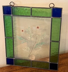 lot 92 image: Floral Pressed Glass Art with Green and Blue Stained Glass Frame