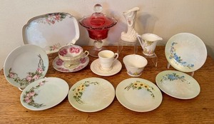 lot 99 image: Vintage Cranberry Glass Compote, Hand Painted Nippon Tray, and Assorted Decorative China