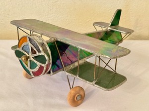 lot 126 image: Stained Glass Biplane Airplane Art Model 9 Inch Long