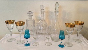 lot 132B image: Vintage Crystal Decanter and Glassware Set with Gold Rim and Blue Accents