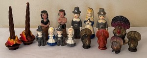 lot 172 image: Collection of Vintage Thanksgiving Wax Candle Figurines Pilgrims Turkeys Indians