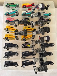 lot 374 image: Collection of 24 Vintage Diecast Hot Rod Model Cars in Organizer Case