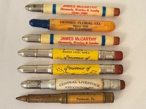 lot 381 image: Collection of 7 Vintage Bullet-Shaped Advertising Mechanical Pencils